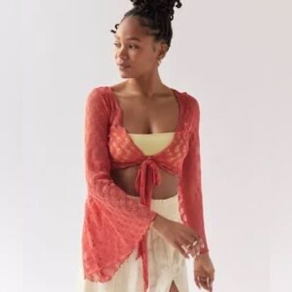 Urban Outfitters Pointelle Knit Tie Front Bell Sleeve Crop Top Red Orange Small